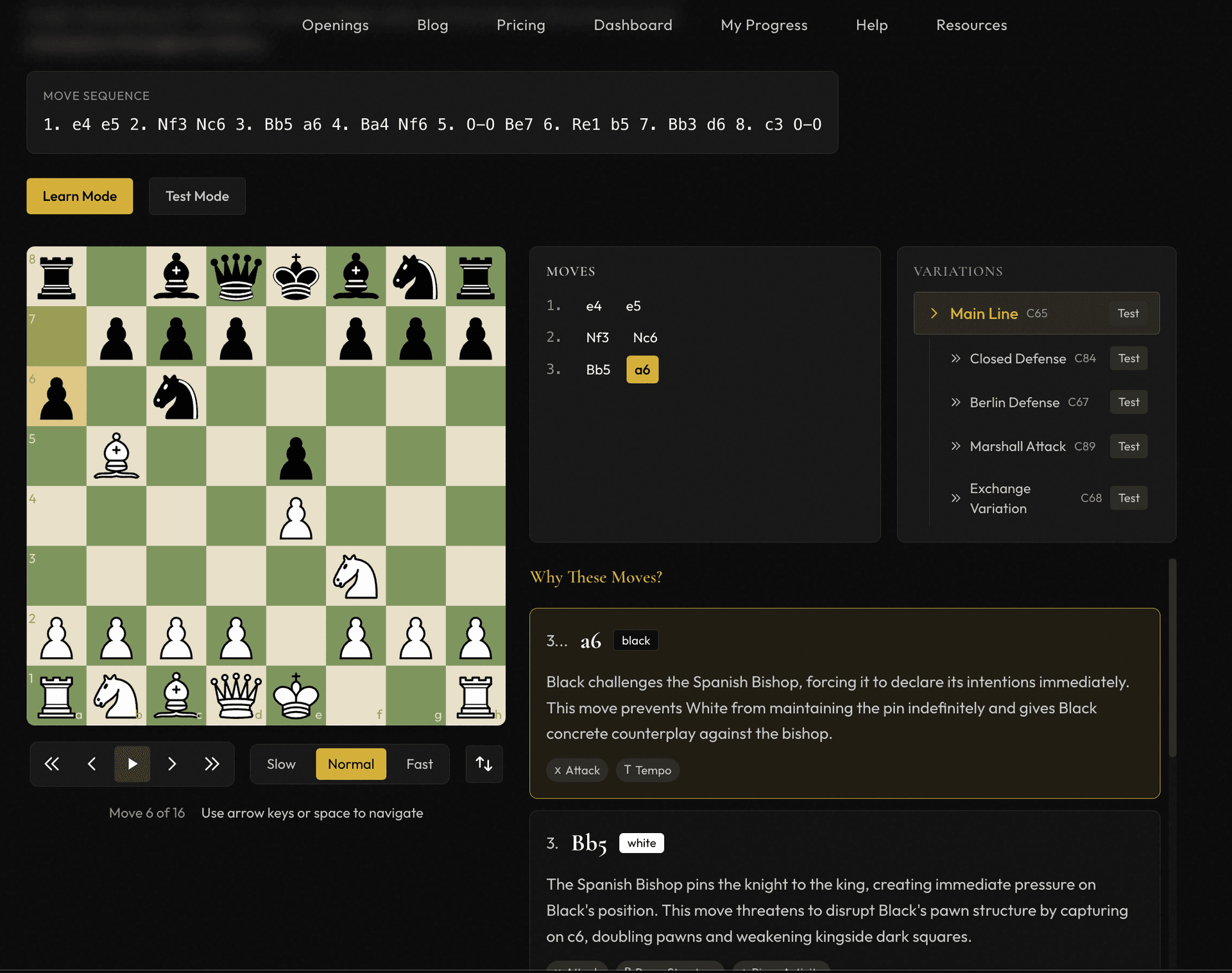 Learn Mode showing chessboard with move explanations