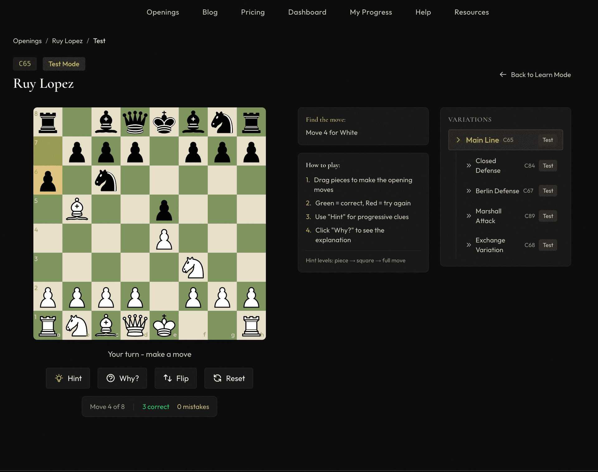 Test Mode with interactive chess practice
